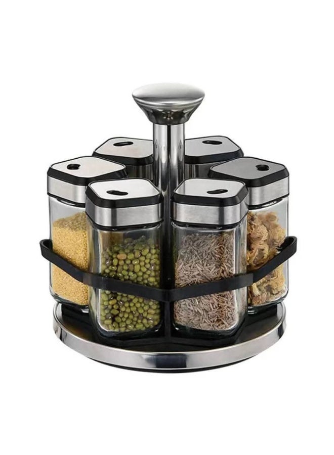 طقم منظم توابل دوّار بقاعدة معدنية – 6 عبوات زجاجية بغطاء محكم للمطبخ - Image 1